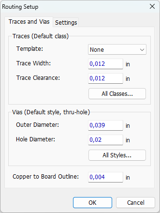 routing setup traces and vias